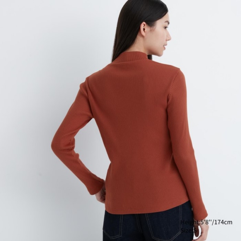 T Shirts Uniqlo Ribbed High Neck Long-Sleeve Femme Violette | 9591574