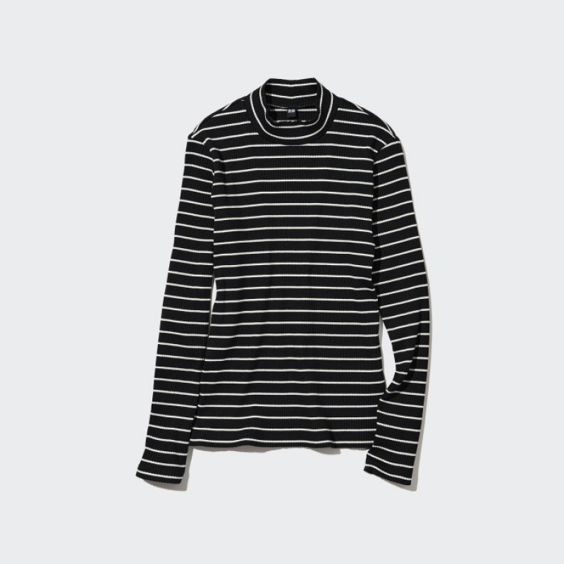 T Shirts Uniqlo Ribbed Striped High Neck Long-Sleeve Femme Noir | 8791290