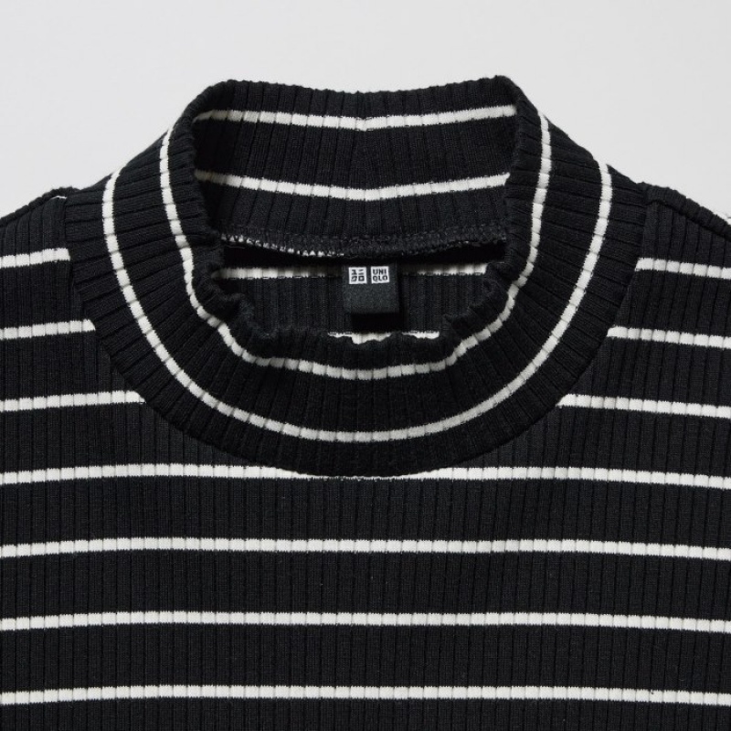 T Shirts Uniqlo Ribbed Striped High Neck Long-Sleeve Femme Noir | 8791290