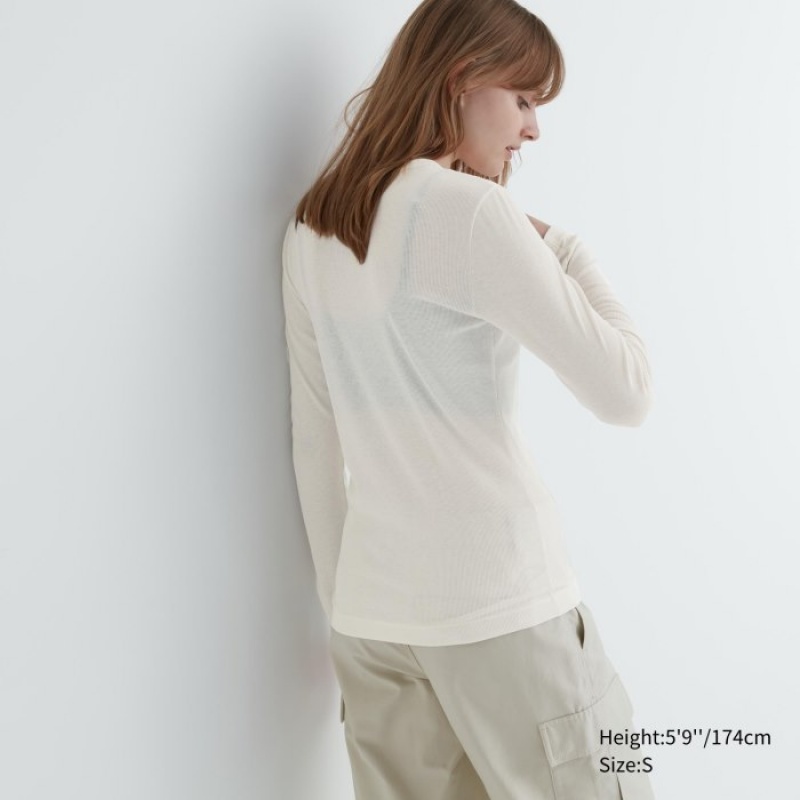 T Shirts Uniqlo Sheer Jersey Crew Neck Long-Sleeve Femme Blanche | 1438913