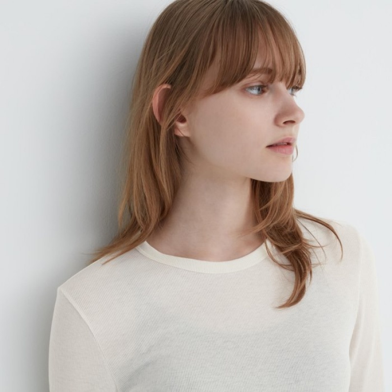 T Shirts Uniqlo Sheer Jersey Crew Neck Long-Sleeve Femme Blanche | 1438913