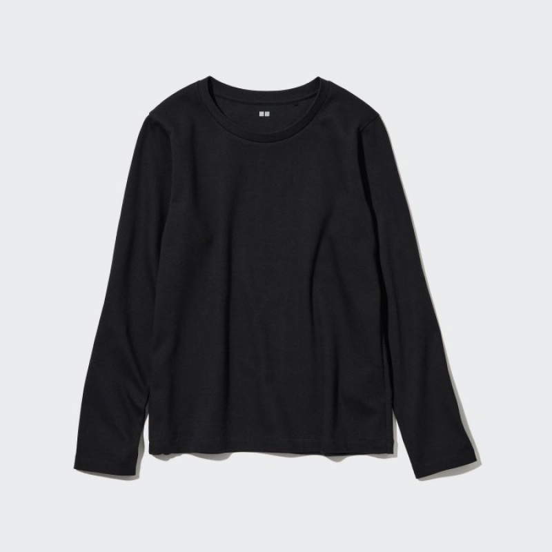 T Shirts Uniqlo Smooth Stretch Cotton Crew Neck Long-Sleeve Femme Noir | 8112759