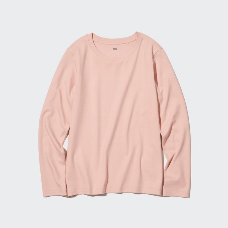 T Shirts Uniqlo Smooth Stretch Cotton Crew Neck Long-Sleeve Femme Rose | 4167598