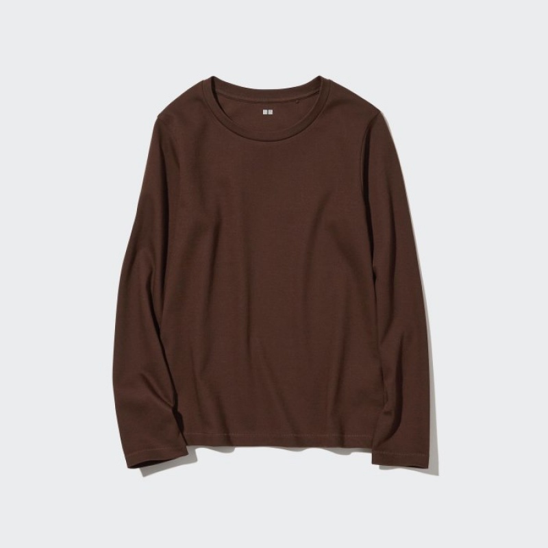 T Shirts Uniqlo Smooth Stretch Cotton Crew Neck Long-Sleeve Femme Marron | 6989211