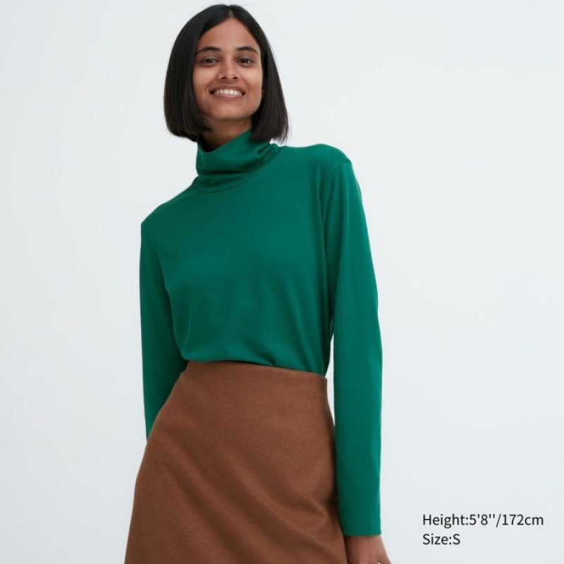 T Shirts Uniqlo Smooth Stretch Cotton Turtleneck Long-Sleeve Femme Vert | 4041028