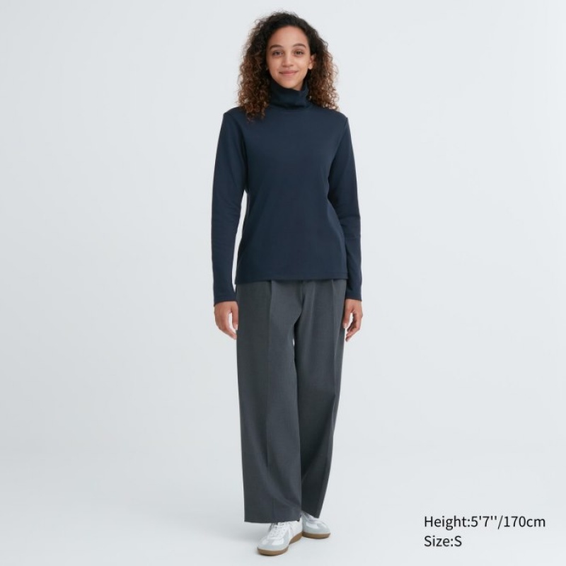 T Shirts Uniqlo Smooth Stretch Cotton Turtleneck Long-Sleeve Femme Rose | 9650170
