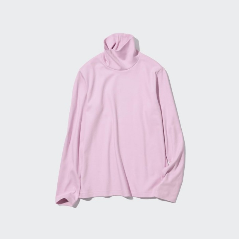 T Shirts Uniqlo Smooth Stretch Cotton Turtleneck Long-Sleeve Femme Rose | 9650170