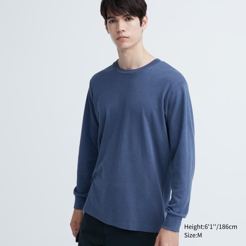 T Shirts Uniqlo Soft Brushed Crew Neck Long-sleeve Homme Bleu | 202744