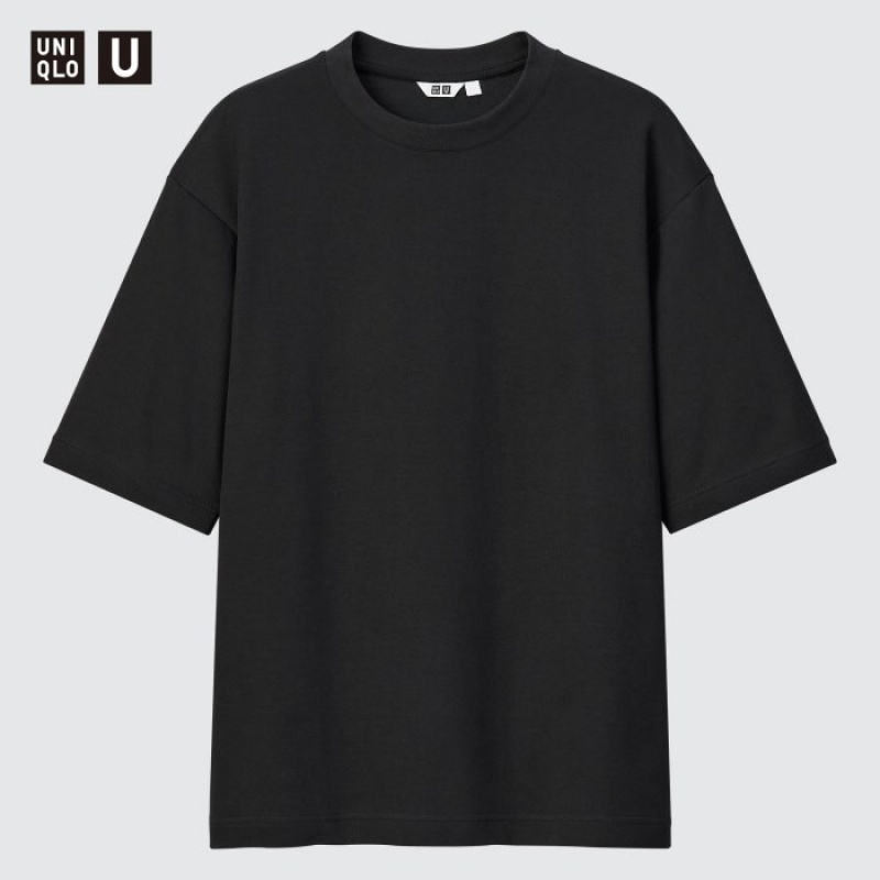 T Shirts Uniqlo U AIRism Cotton Oversized Crew Neck Half-Sleeve Femme Noir | 8992979