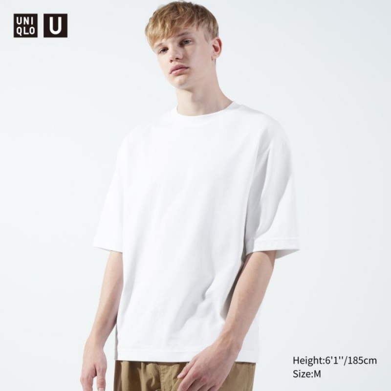 T Shirts Uniqlo U AIRism Cotton Oversized Crew Neck Half-Sleeve Femme Blanche | 6023095