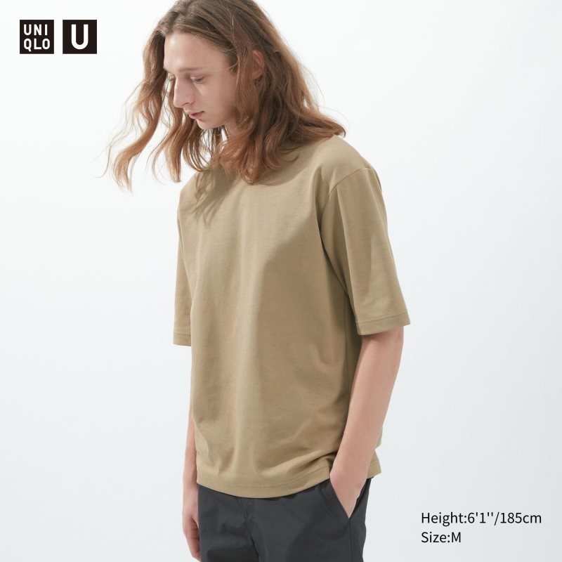 T Shirts Uniqlo U AIRism Cotton Oversized Crew Neck Half-Sleeve Homme Beige | 9095834