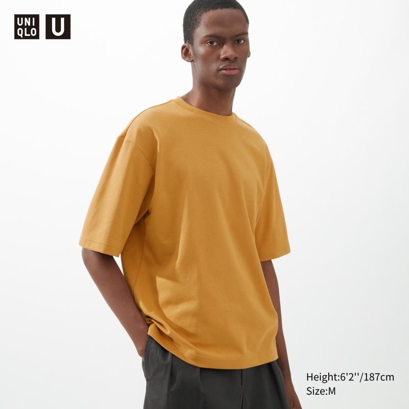 T Shirts Uniqlo U AIRism Cotton Oversized Crew Neck Half-Sleeve Homme Jaune | 1534350