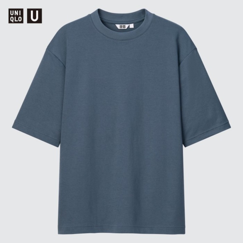 T Shirts Uniqlo U AIRism Cotton Oversized Crew Neck Half-Sleeve Femme Bleu | 7928937