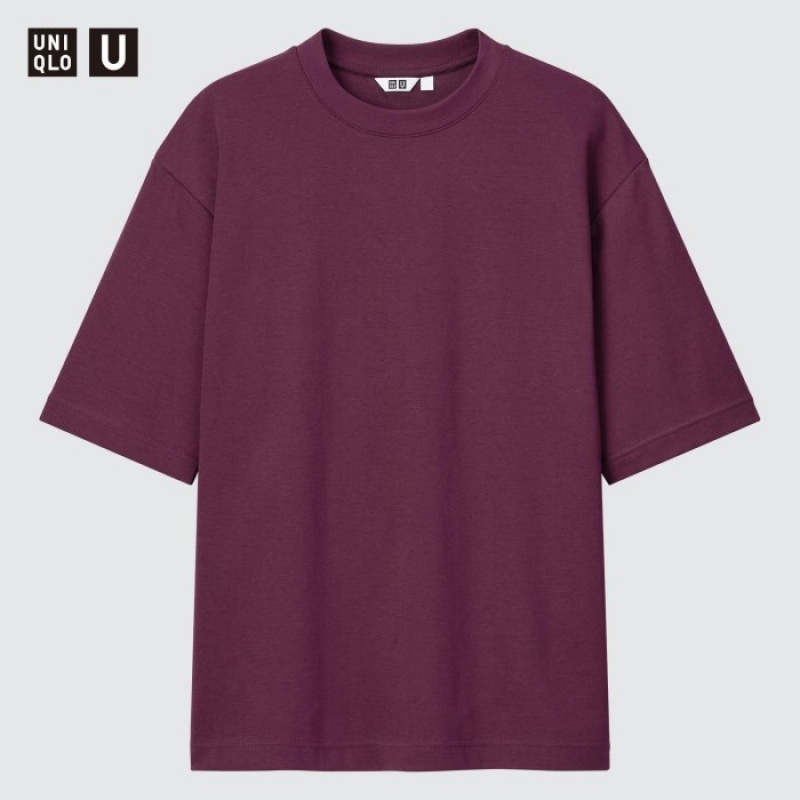 T Shirts Uniqlo U AIRism Cotton Oversized Crew Neck Half-Sleeve Femme Violette | 2591837