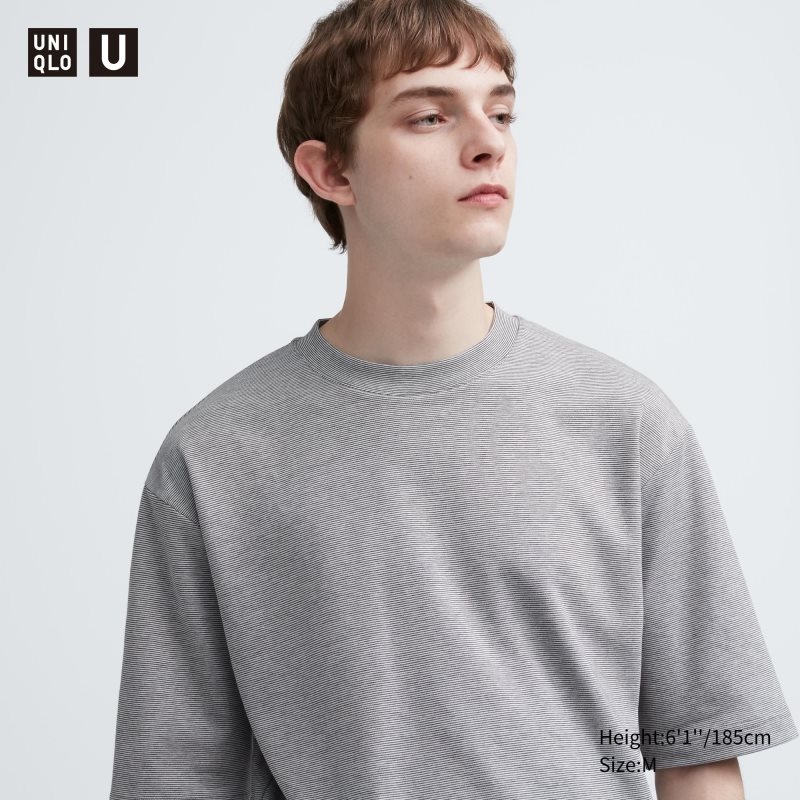 T Shirts Uniqlo U Airism Cotton Striped Crew Neck Oversized Homme Grise | 8542866