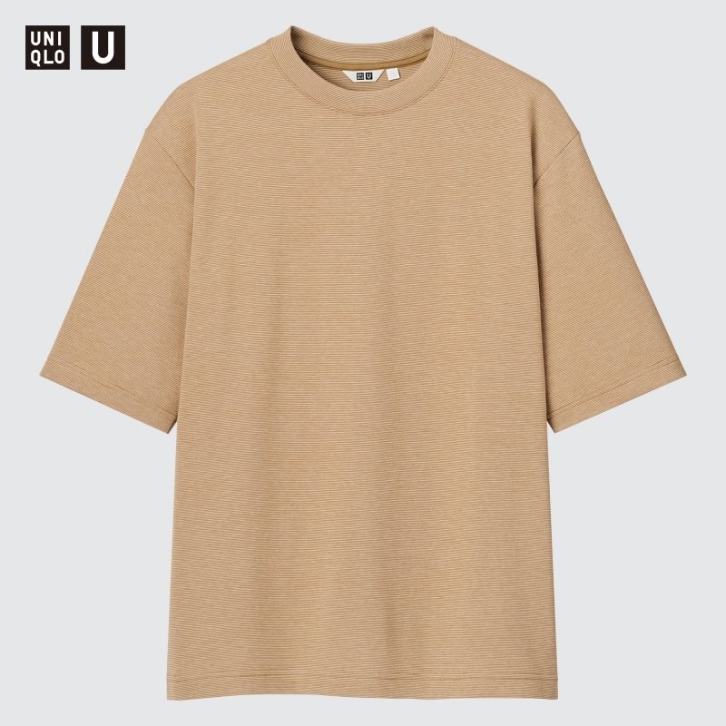 T Shirts Uniqlo U Airism Cotton Striped Crew Neck Oversized Homme Marron | 7071921