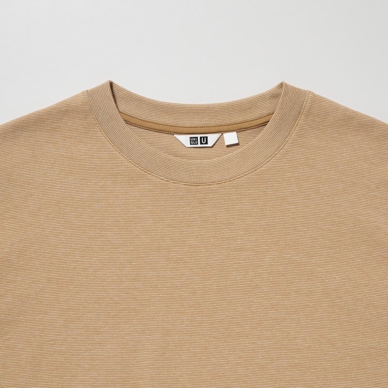 T Shirts Uniqlo U Airism Cotton Striped Crew Neck Oversized Homme Marron | 7071921