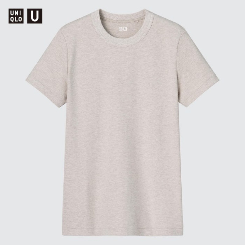 T Shirts Uniqlo U Crew Neck Short-sleeve Femme Beige | 4896583