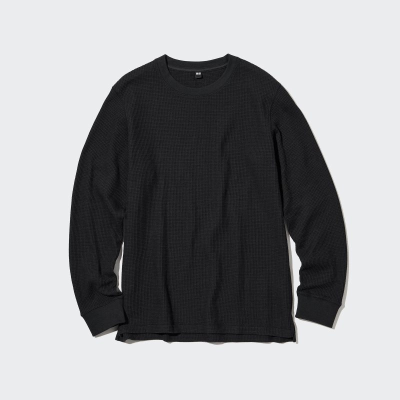 T Shirts Uniqlo Waffle Crew Neck Long-Sleeve Homme Noir | 7175964