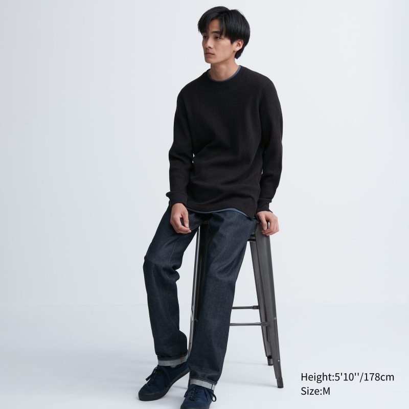 T Shirts Uniqlo Waffle Crew Neck Long-Sleeve Homme Noir | 2537342