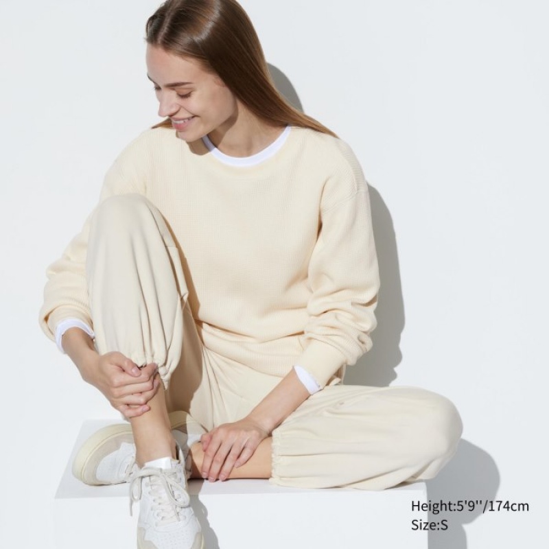 T Shirts Uniqlo Waffle Crew Neck Long-Sleeve Femme Blanche | 3926840