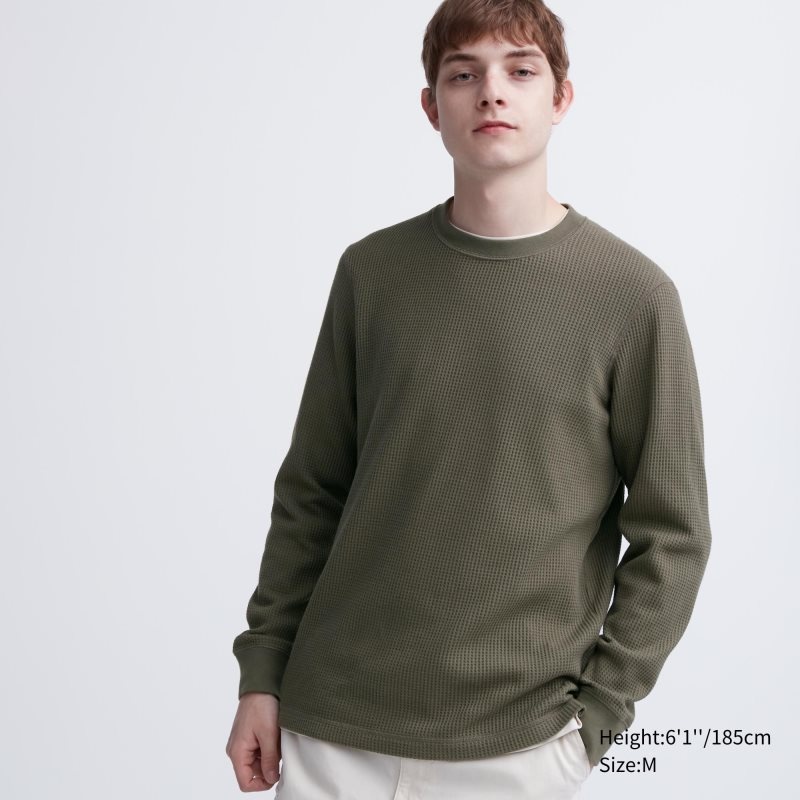 T Shirts Uniqlo Waffle Crew Neck Long-Sleeve Homme Vert | 4017313
