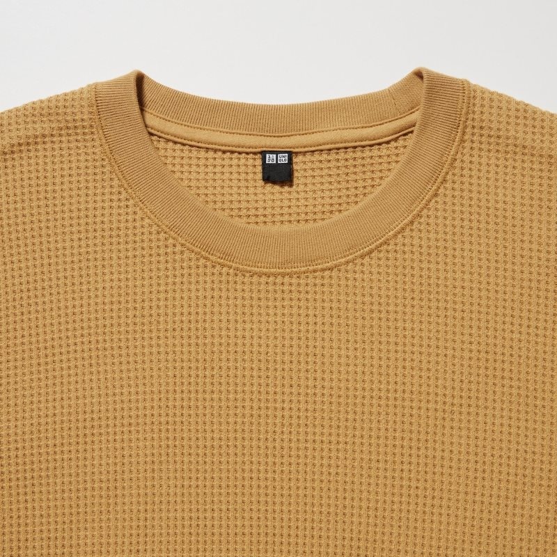 T Shirts Uniqlo Waffle Crew Neck Long-Sleeve Homme Jaune | 1113441