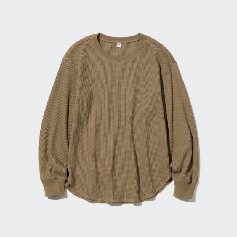 T Shirts Uniqlo Waffle Crew Neck Long-Sleeve Femme Marron | 2262418