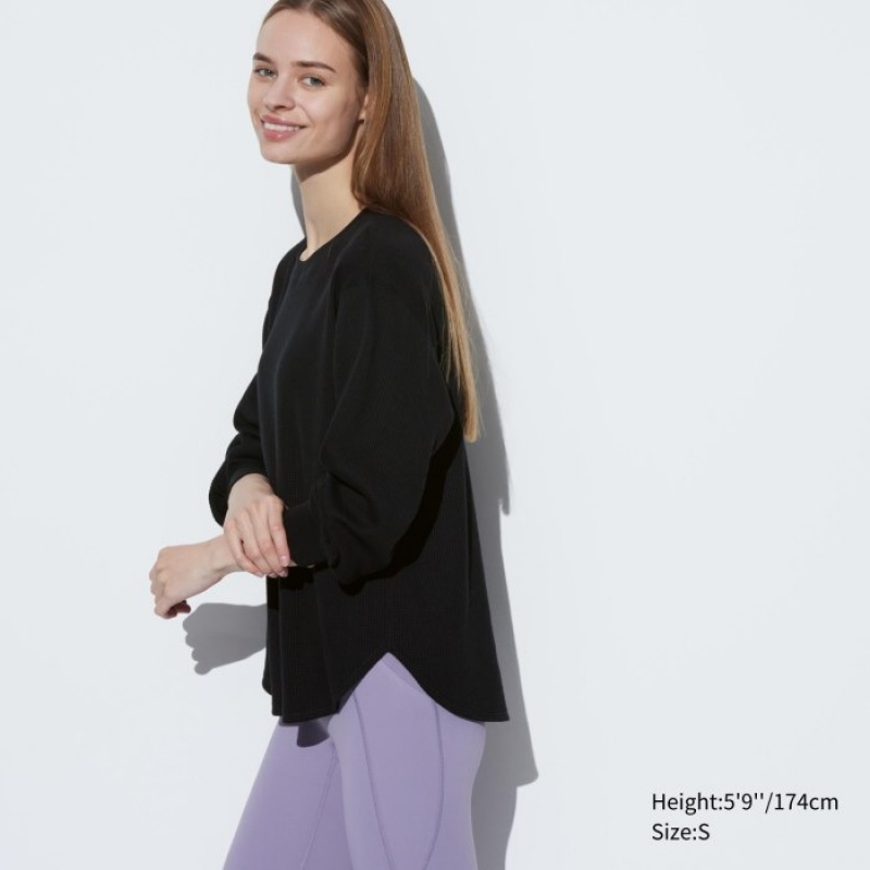 T Shirts Uniqlo Waffle Crew Neck Long-Sleeve Femme Noir | 1320265