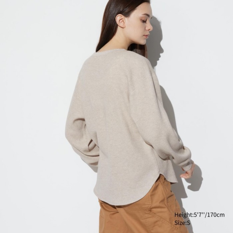 T Shirts Uniqlo Waffle Crew Neck Long-Sleeve Femme Rose | 5557108