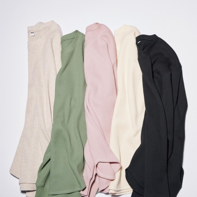 T Shirts Uniqlo Waffle Crew Neck Long-Sleeve Femme Rose | 5557108