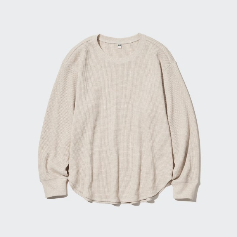 T Shirts Uniqlo Waffle Crew Neck Long-Sleeve Femme Rose | 5557108