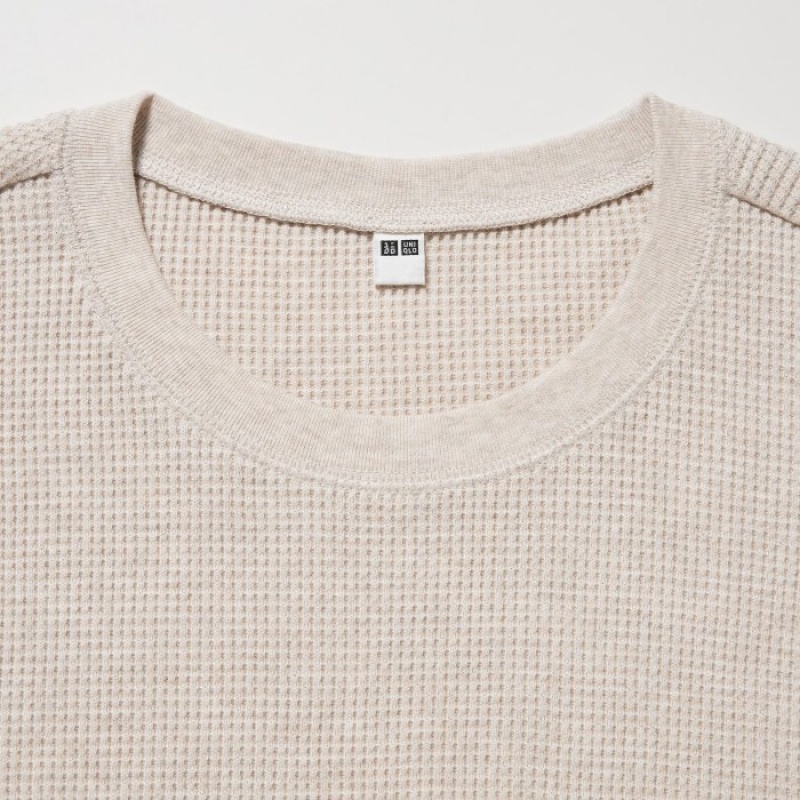 T Shirts Uniqlo Waffle Crew Neck Long-Sleeve Femme Rose | 5557108