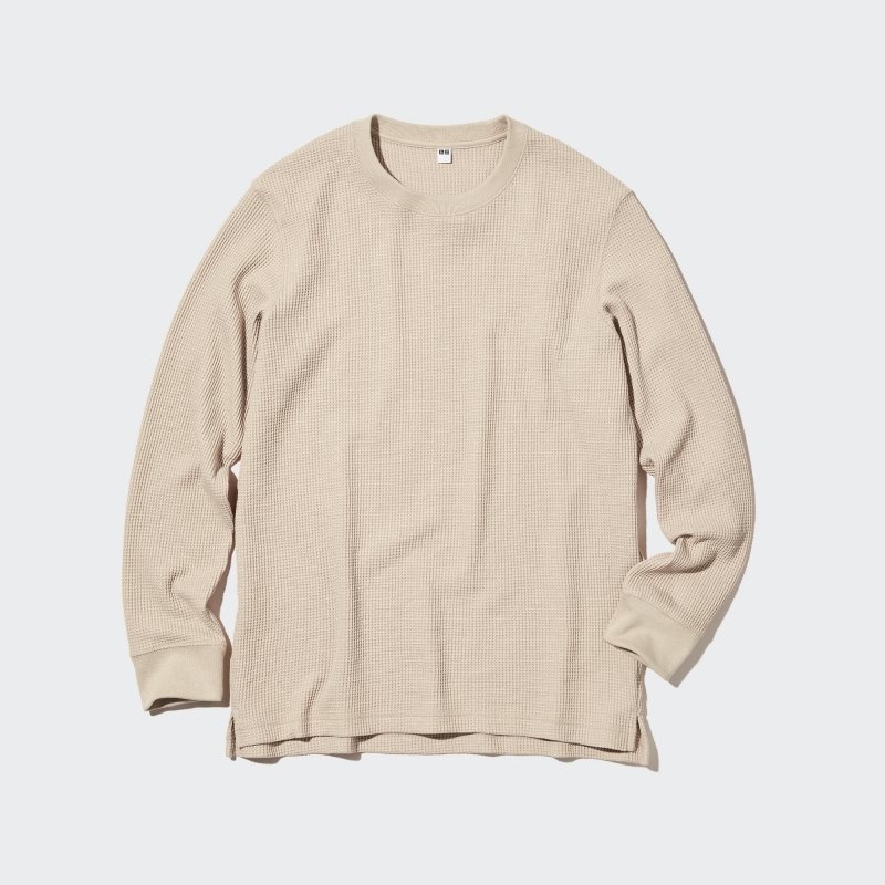 T Shirts Uniqlo Waffle Crew Neck Long-Sleeve Homme Beige | 9085720