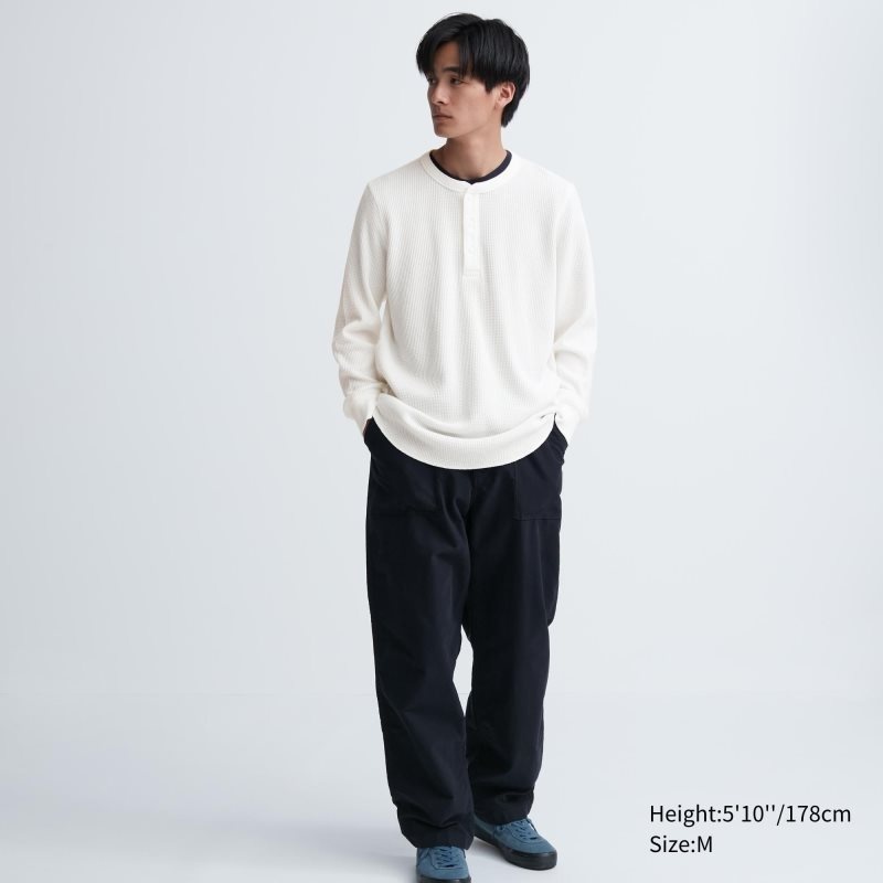 T Shirts Uniqlo Waffle Henley Neck Long-sleeve Homme Grise | 1089129