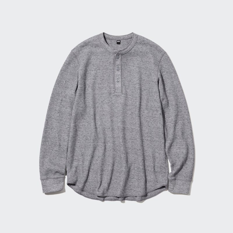 T Shirts Uniqlo Waffle Henley Neck Long-sleeve Homme Grise | 1089129