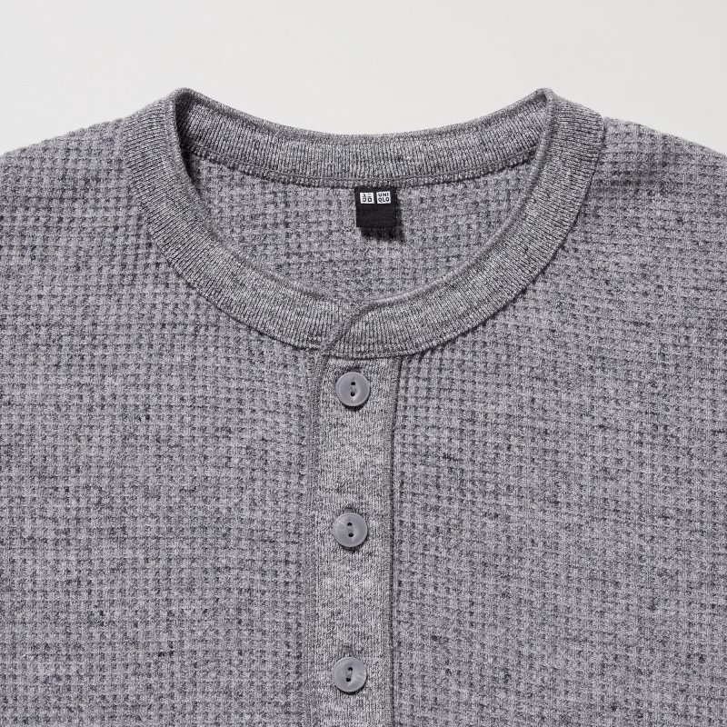 T Shirts Uniqlo Waffle Henley Neck Long-sleeve Homme Grise | 1089129