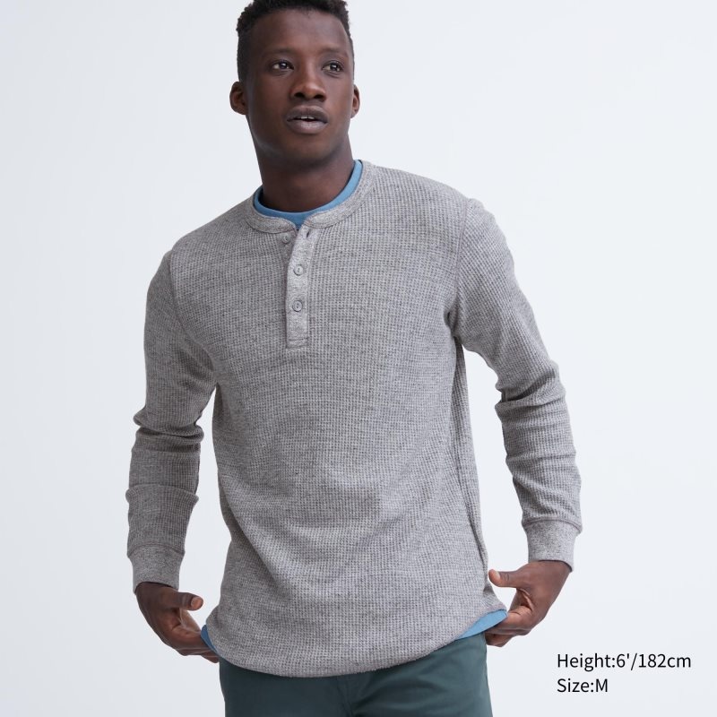 T Shirts Uniqlo Waffle Henley Neck Long-sleeve Homme Grise | 1089129