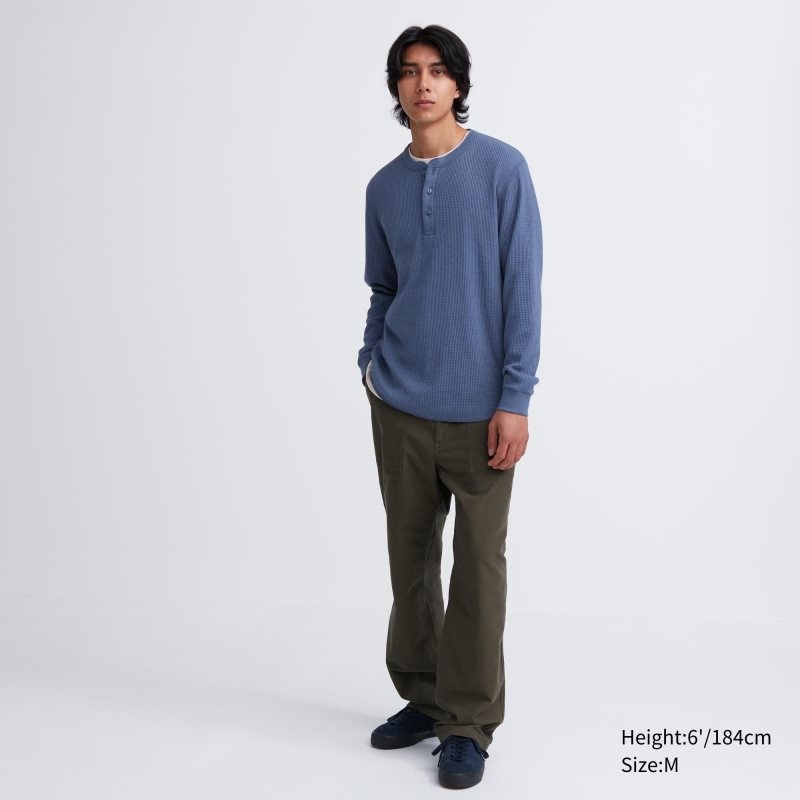 T Shirts Uniqlo Waffle Henley Neck Long-sleeve Homme Bleu | 7779685