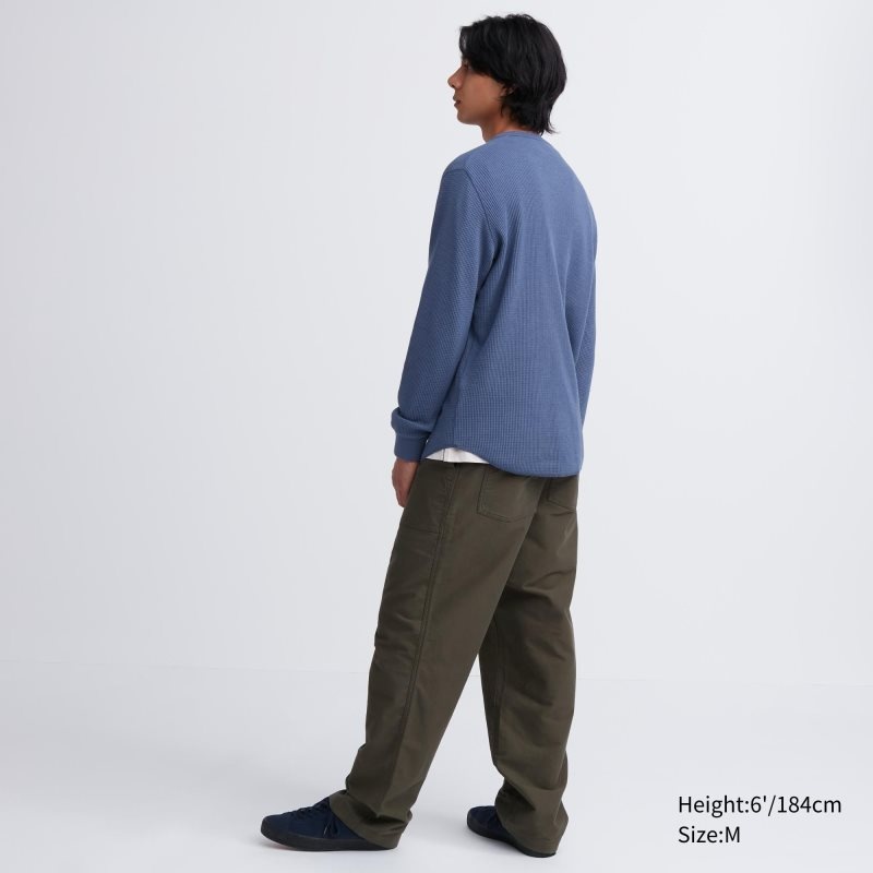 T Shirts Uniqlo Waffle Henley Neck Long-sleeve Homme Bleu | 7779685
