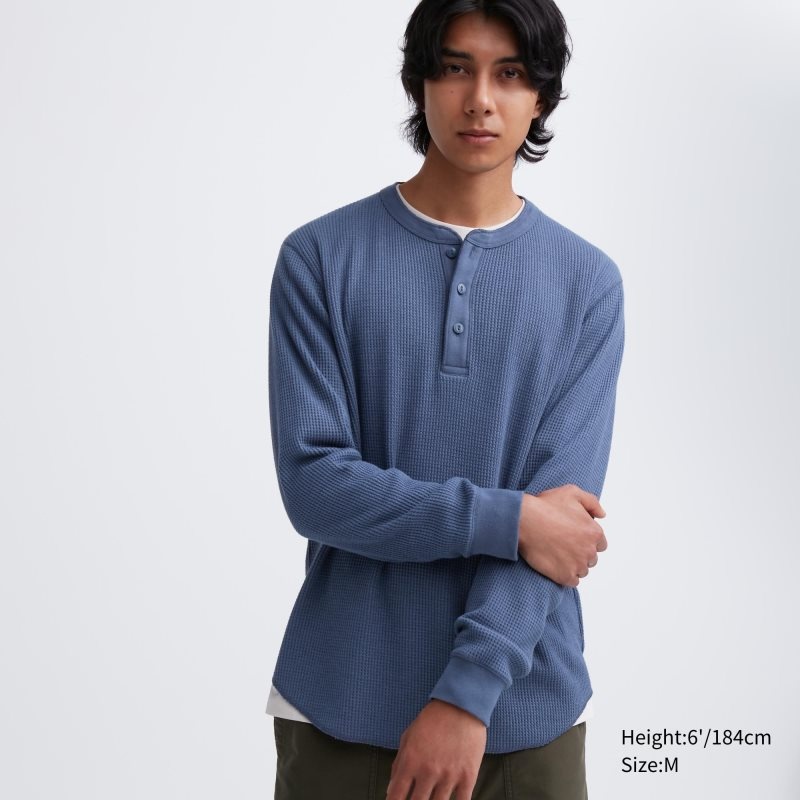 T Shirts Uniqlo Waffle Henley Neck Long-sleeve Homme Bleu | 7779685
