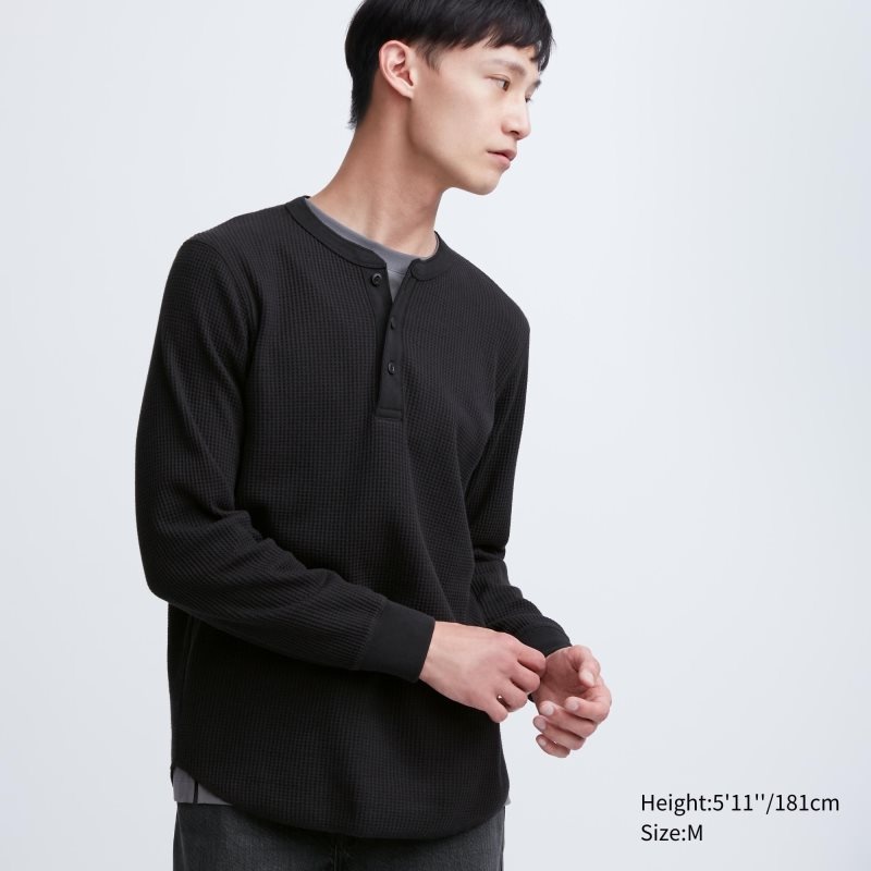 T Shirts Uniqlo Waffle Henley Neck Long-sleeve Homme Noir | 796219