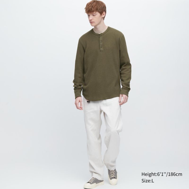 T Shirts Uniqlo Waffle Long-sleeve Henley Homme Vert | 4960231