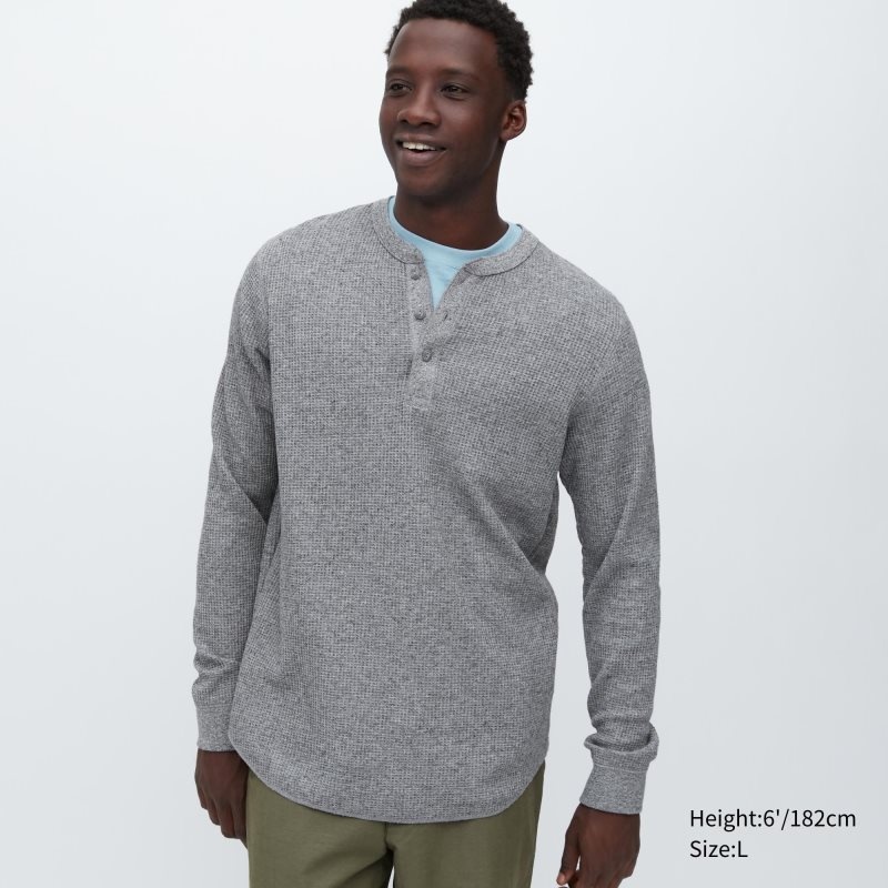 T Shirts Uniqlo Waffle Long-sleeve Henley Homme Grise | 8063849