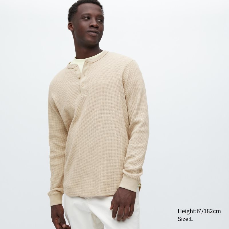 T Shirts Uniqlo Waffle Long-sleeve Henley Homme Beige | 1052676