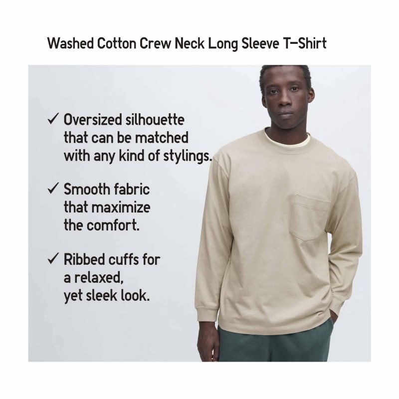 T Shirts Uniqlo Washed Cotton Crew Neck Long-sleeve Homme Jaune | 5288235