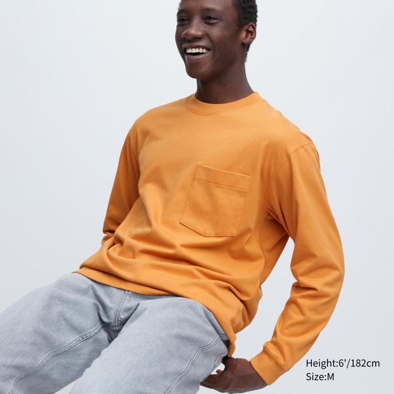 T Shirts Uniqlo Washed Cotton Crew Neck Long-sleeve Homme Jaune | 5288235