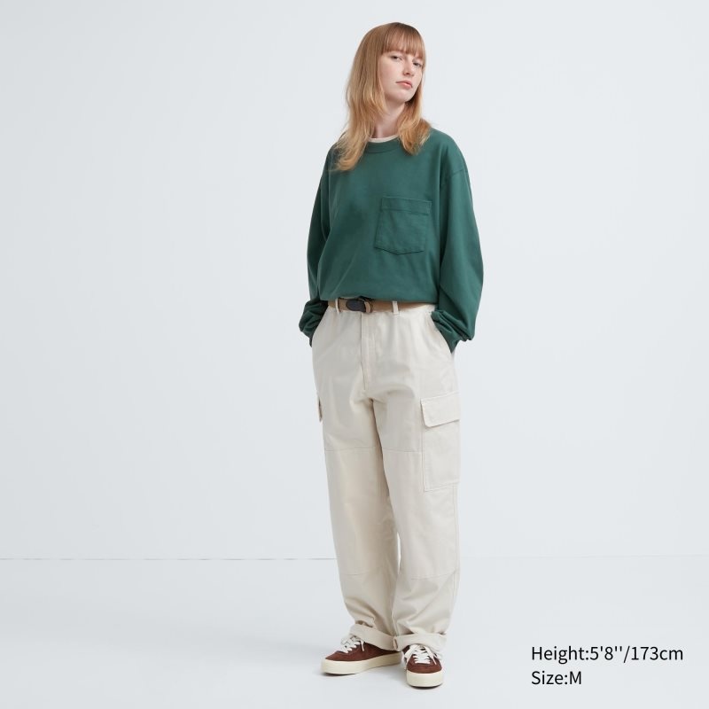 T Shirts Uniqlo Washed Cotton Crew Neck Long-sleeve Homme Vert | 2374609