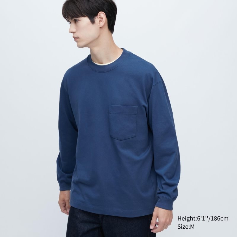 T Shirts Uniqlo Washed Cotton Crew Neck Long-sleeve Homme Bleu Marine | 9220185