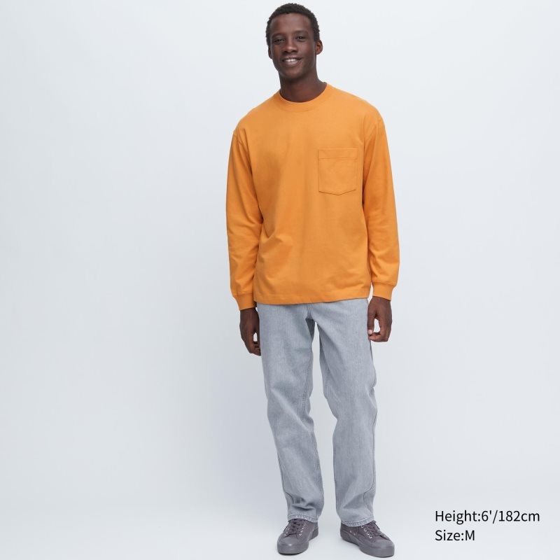 T Shirts Uniqlo Washed Cotton Crew Neck Long-sleeve Homme Beige | 2779842